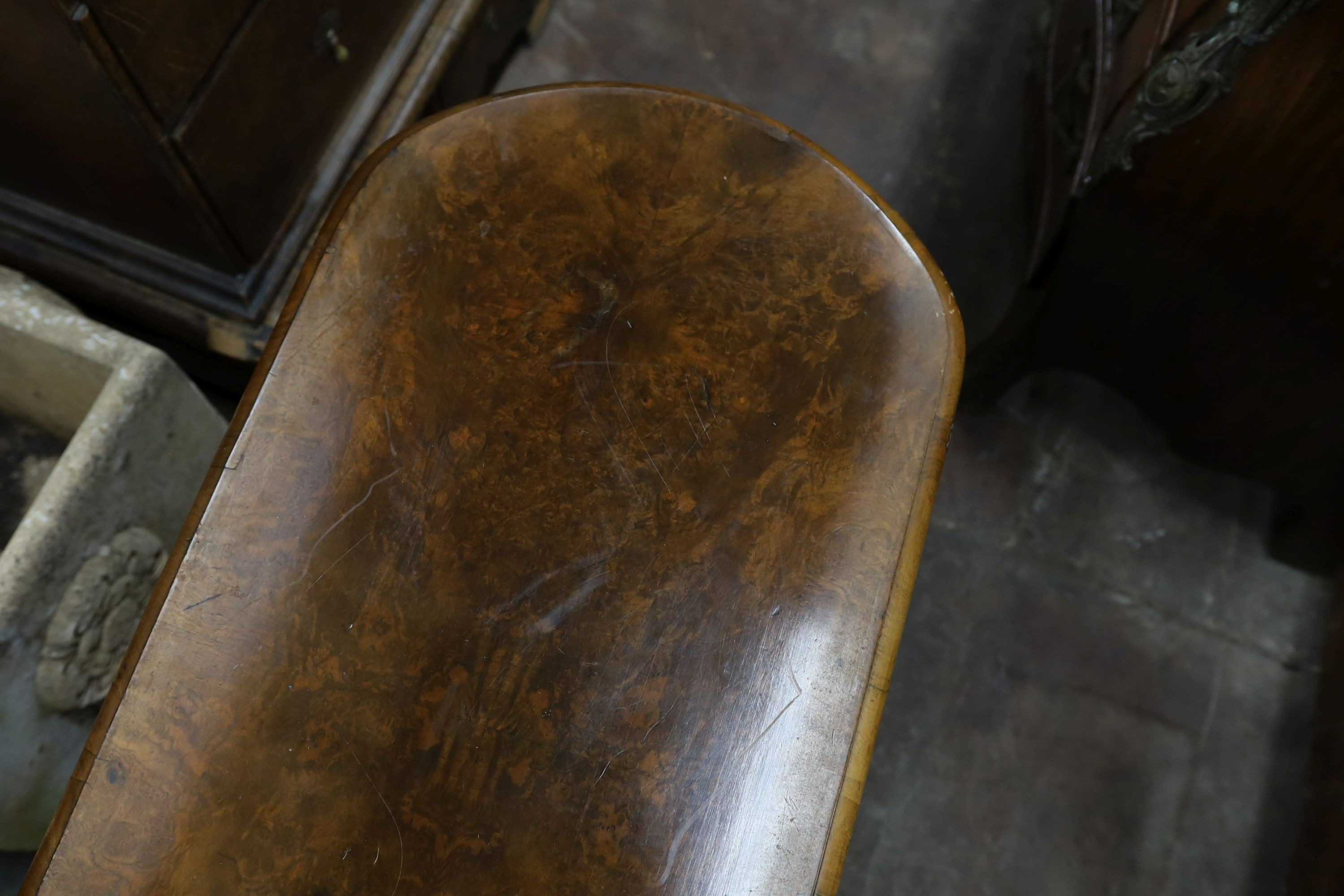 A Victorian burr walnut folding card table, width 92cm, depth 44cm, height 69cm